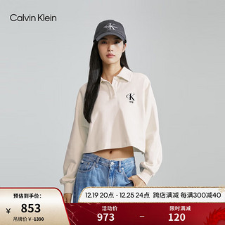 卡尔文·克莱恩 Calvin Klein Jeans23早秋女士校园风植绒字母半襟POLO领纯棉卫衣J222301 YBI-牛乳白 XS