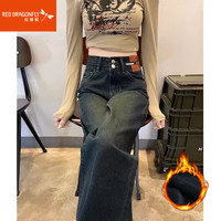 红蜻蜓 RED DRAGONFLY牛仔裤女窄版直筒裤20季女装高腰女士阔腿加绒裤子女 水泥灰长裤加绒 L