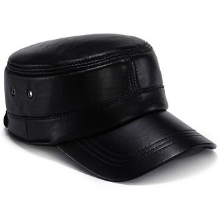 Jeep 吉普 羊皮帽子男士冬季真皮平顶帽 A0122黑色