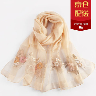达芬奇密码 丝巾女百搭春秋薄款桑蚕丝围巾杭州丝绸纱巾冬季绣花披肩 浅卡其