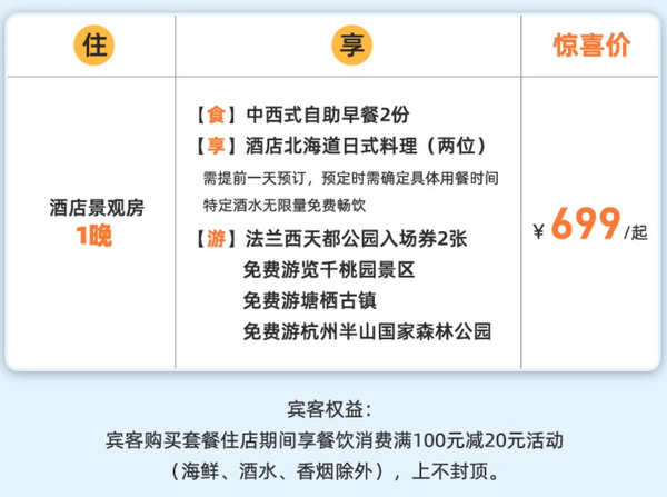 一泊二食的庄园式度假酒店，有效期到年底！浙江杭州天都城酒店 豪华景观双人房1晚套餐（含双早+双人北海道日式料理+免费景区游玩）