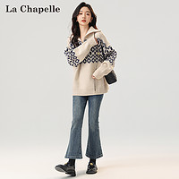 La Chapelle 大翻领宽松毛衣女2023新款复古提花拼接长袖针织外套女