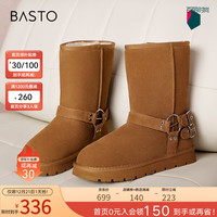 百思图23冬简约皮带扣饰雪地靴平跟女中靴CD082DZ3 驼色 39