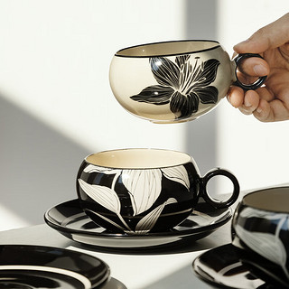 摩登主妇摩罗影像系列 咖啡杯碟家用下午茶马克杯陶瓷水杯复古杯子 复古百合杯碟-墨黑色