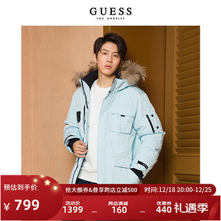 GUESS 盖尔斯 秋男士工装风夹克貉子毛领连帽中长款羽绒服-M2BL968105Z G7S1-浅蓝色 L