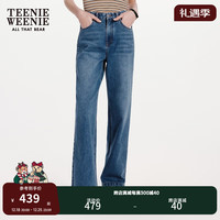 Teenie Weenie小熊女装2024早春休闲宽松直筒牛仔裤抑菌长裤女 中蓝色 155/XS