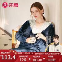 芬腾睡裙女240g秋冬V领云暖绒绒花瓣袖蕾丝宫廷风家居服睡裙 宝蓝 L