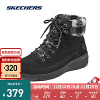 斯凯奇（Skechers）女子加绒保暖雪地靴反毛皮格纹高帮靴子144166 黑色/灰色/BKGY 38