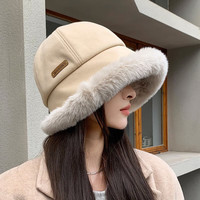酒风学长菠萝毛绒渔夫帽2023女冬季加绒加厚时尚百搭保暖护耳盆帽 卡其色 均码54-58cm