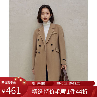 ZIQIAO 自巧 小个子气质正肩黑色纯羊毛双面呢大衣女冬季新款毛呢西装外套 暖驼色 L