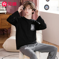 芬腾睡衣男23年春秋季长袖套头简约100%棉纯棉家居服睡衣套装 黑色 L