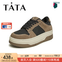 他她(TATA)休闲厚底板鞋女百搭拼接松糕鞋小白鞋2024春WJ601AM4 黑/卡其(绒里) 35