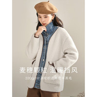 冬女装新潮宽松休闲百搭落肩长袖开衫牛仔拼接羊羔毛外套女保暖W18247|665 米白色 M