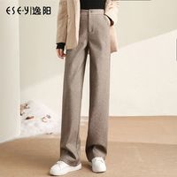 逸阳冬黑色高腰阔腿裤女休闲直筒西装裤子毛呢西裤