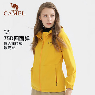 骆驼（CAMEL）户外软壳衣男防风防泼水加绒连帽夹克外套女士 A1W170113，黑色，女 M