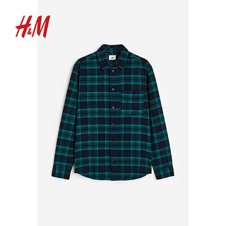 H&M男装衬衫休闲外穿保暖长袖格纹法兰绒上衣1196862 绿色 165/84A