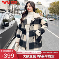 鸭鸭羽绒服鸭鸭(YAYA)毛呢羽绒服女冬2023气质时尚翻领显瘦保暖加厚中长款XB 黑白格色 L
