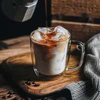 大容量双层玻璃杯咖啡杯带把手耐热马克杯高颜值女生水杯牛奶杯子
