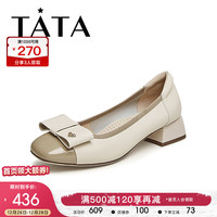他她(TATA)2024春时尚休闲甜美学院风圆头女乐福鞋DJAC1AQ4 米白/杏 34
