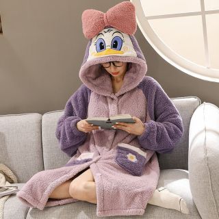CqiuKeu睡衣女秋冬珊瑚绒睡袍加厚加绒可爱家居服可外穿浴袍唐老鸭睡袍 紫 睡袍 均码