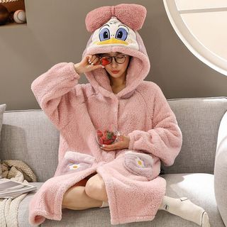 CqiuKeu睡衣女秋冬珊瑚绒睡袍加厚加绒可爱家居服可外穿浴袍唐老鸭睡袍 紫 睡袍 均码