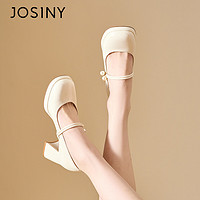 JOSINY 卓诗尼 法式一字带高跟鞋女粗跟单鞋防水台厚底白色玛丽珍鞋女珍珠