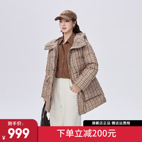 艾莱依（ERAL）格纹鹅绒服女设计感可拆卸U型枕短款2023连帽冬季外套 米底格纹 155【80-110斤】S