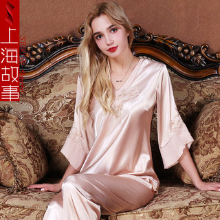达芬奇密码 仿真丝睡衣女春秋冰丝长袖桑蚕丝家居服女士丝绸两件套 1809香槟 XL（140斤以内）