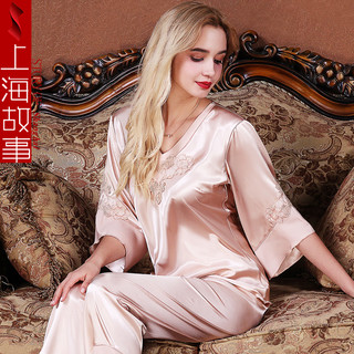 达芬奇密码 仿真丝睡衣女春秋冰丝长袖桑蚕丝家居服女士丝绸两件套 1809香槟 XL（140斤以内）