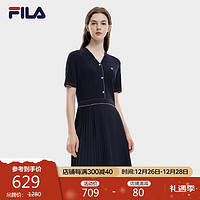 FILA  斐乐女子连衣裙V领短袖织百褶拼接休闲裙