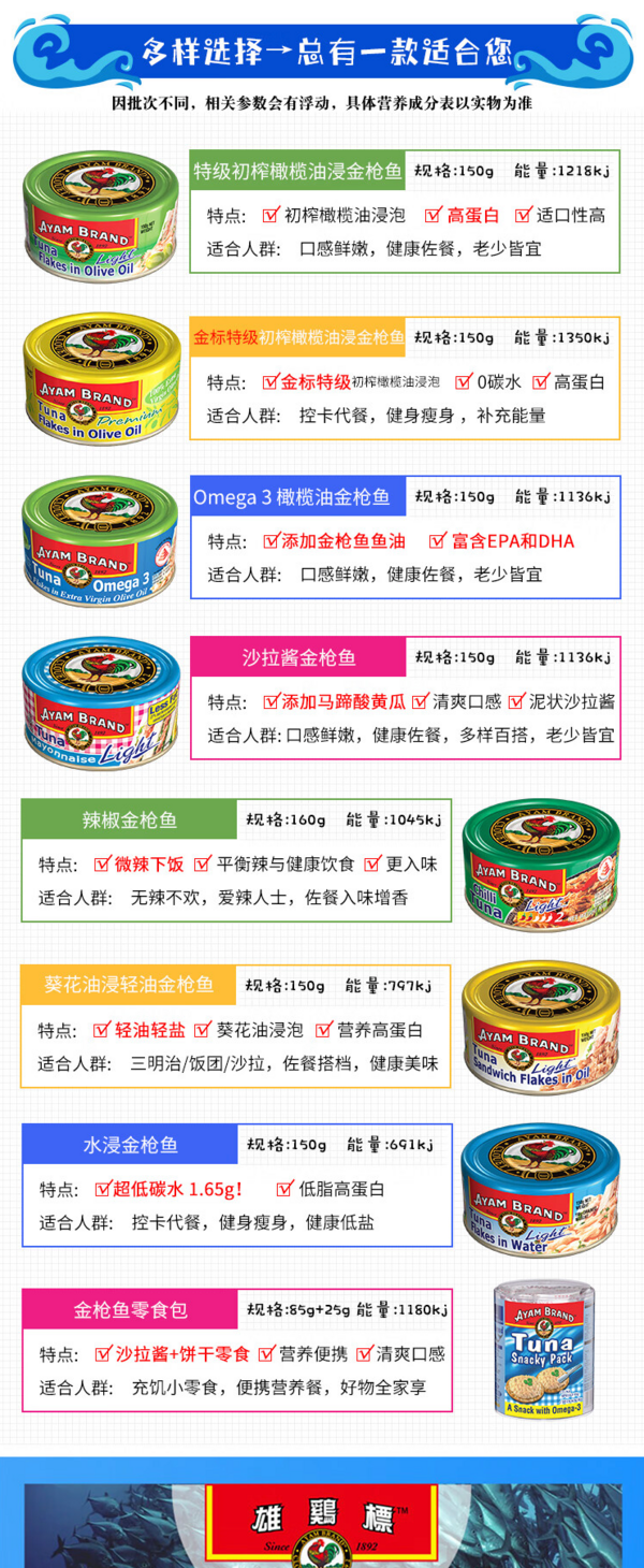 轻油轻盐健康低脂：AYAM BRAND 雄鷄標 泰国原装进口 辣椒金枪鱼罐头160g