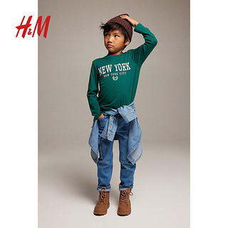 H&M 童装男童T恤秋冬柔软简约休闲棉质带印花长袖上衣1078511 深绿色/New York 140/68