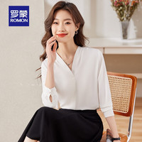 罗蒙女士V领长袖衬衫时尚休闲小众感气质显瘦衬衣女 白色 M