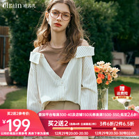 Olrain欧芮儿条纹衬衫女早春2024复古露肩长袖假两件上衣 拼色 S