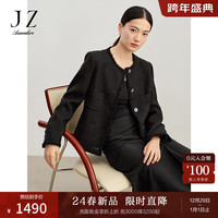 玖姿·安娜蔻商务轻熟风小香圆领镶边口袋休闲外套女2024春季 素黑 S