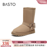 百思图23冬简约皮带扣饰雪地靴平跟女中靴CD082DZ3 卡其灰 34
