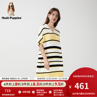 Hush Puppies暇步士女士2024夏莱赛尔V领宽松休闲条纹连衣裙 114浅黄 S