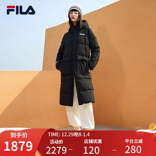 FILA 斐乐 官方女子长款羽绒服冬季时尚运动长袖女装外套简约连帽保暖上衣 正黑色-BK