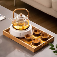 瓷牌茗茶具电陶炉煮茶器耐热玻璃煮茶壶家用烧水泡茶壶围炉功夫茶具 圆雅电陶炉+竹柄壶+竖纹4杯+托盘