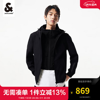 杰克·琼斯（JACK&JONES）24春季男款户外连帽长袖宽松加绒纯色外套夹克男士224121021 黑色E41 185/104A/XL