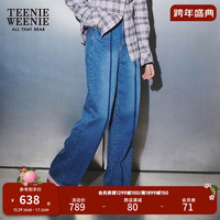 Teenie Weenie小熊2024早春简约学院风高腰萝卜裤牛仔裤长裤女 中蓝色 155/XS