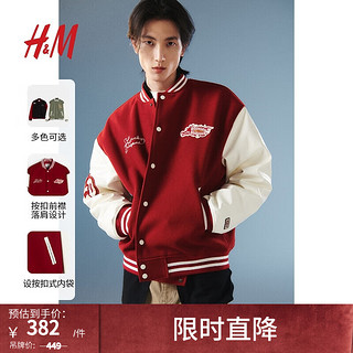                                                                                 H&M【新年系列】男装夹克2024春季毛毡刺绣棒球外套1201195 红色/Lucky Dragon 165/84A