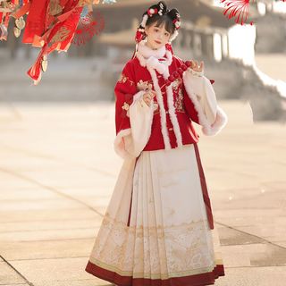 巷詹汉服女成人兔绒绒原创明制马面裙短袄立领琵琶袖日常秋冬加绒款 蓝白六件套装(加绒) S