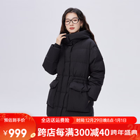 ERAL 艾莱依 格纹鹅绒服女设计感可拆卸U型枕短款2023连帽冬季外套 炭黑 155S