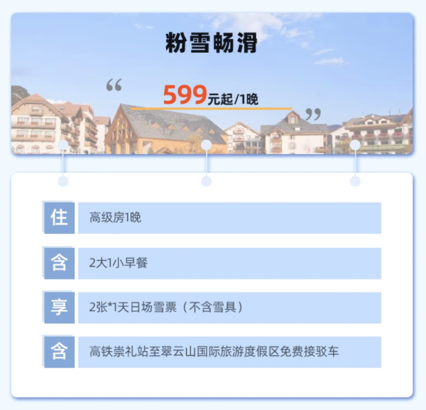 有效期还1个月，酒店后面就是雪场！河北张家口崇礼翠云山智选假日度假酒店 高级大/双床房1晚套餐（含双早+2张日场滑雪票+高铁接驳车）