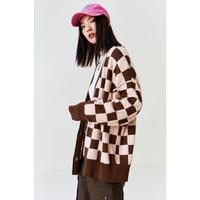 棋盘格毛衣外套女秋冬针织开衫女中长款毛感时尚