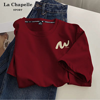 抖音超值购：La Chapelle 酒红色正肩短袖t恤女夏季2023新款圆领打底衫半袖上衣服X