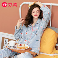 芬腾 睡衣女士冬季珊瑚绒开衫翻领卡通口袋保暖家居服套装 灰兰-K款 L