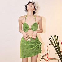 OMOM 泳衣女比基尼三件套小胸聚拢性感分体泡温泉沙滩泳装 绿色L