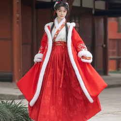 AIFANGNIAO 艾方鸟 汉服成人女冬季套装宋制对襟加绒加厚连帽长褙子古装全套 红色长褙子三/件套装 M